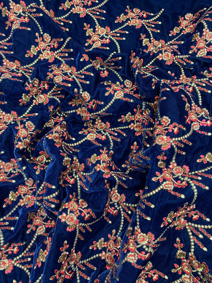 Exclusive Luxurious Traditional Floral Thread Embroidery And Golden Zari Work On Blue Velvet Fabric