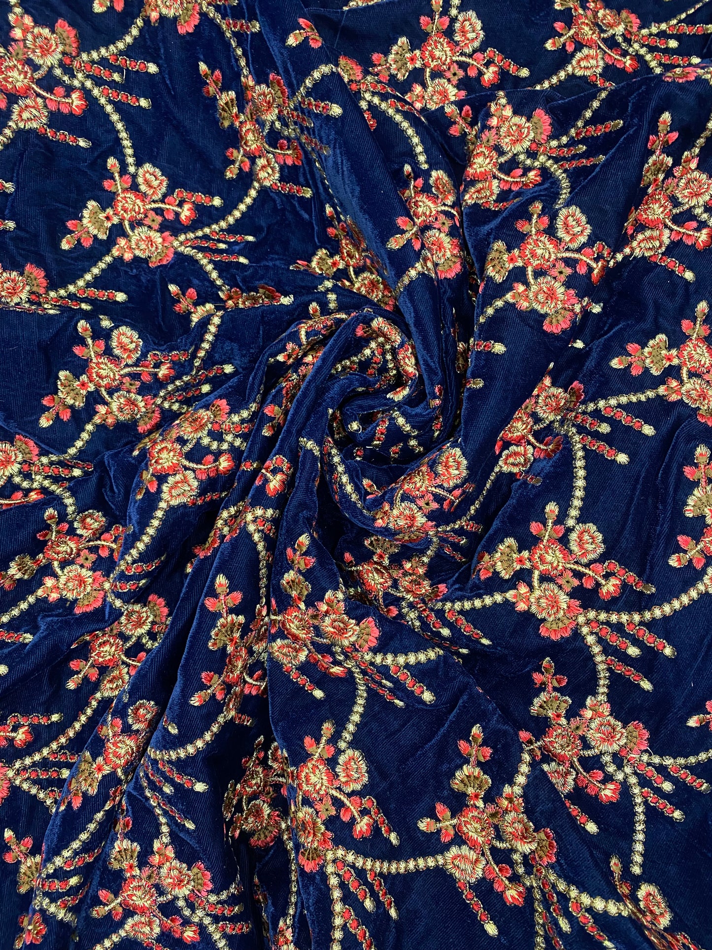 Exclusive Luxurious Traditional Floral Thread Embroidery And Golden Zari Work On Blue Velvet Fabric