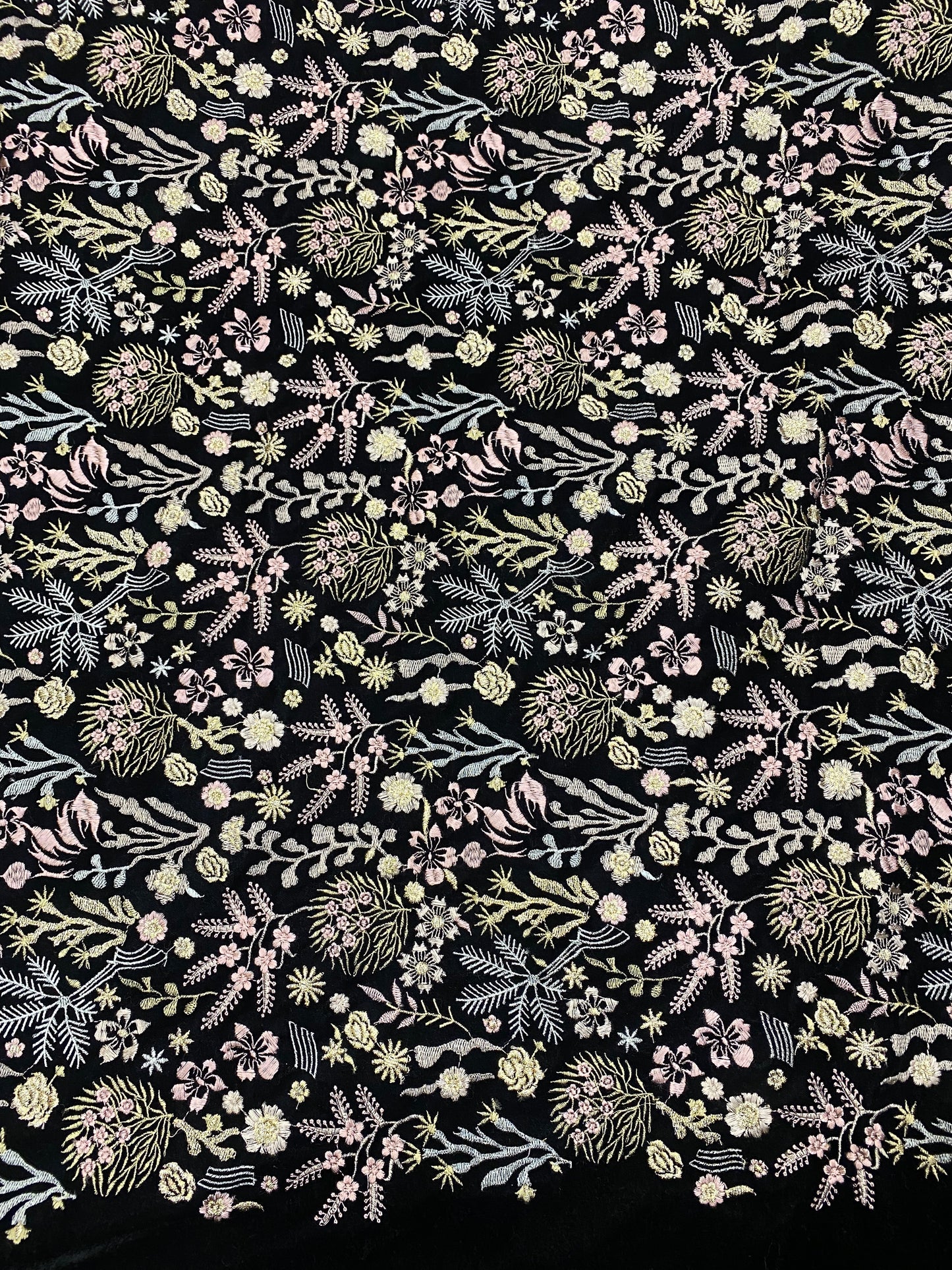 Beautiful Heavy Premium Floral And Leafy Thread Embroidery AND Zari Work On Black Velvet Fabric