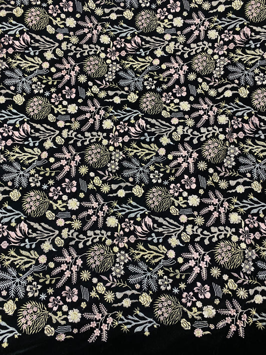 Beautiful Heavy Premium Floral And Leafy Thread Embroidery AND Zari Work On Black Velvet Fabric