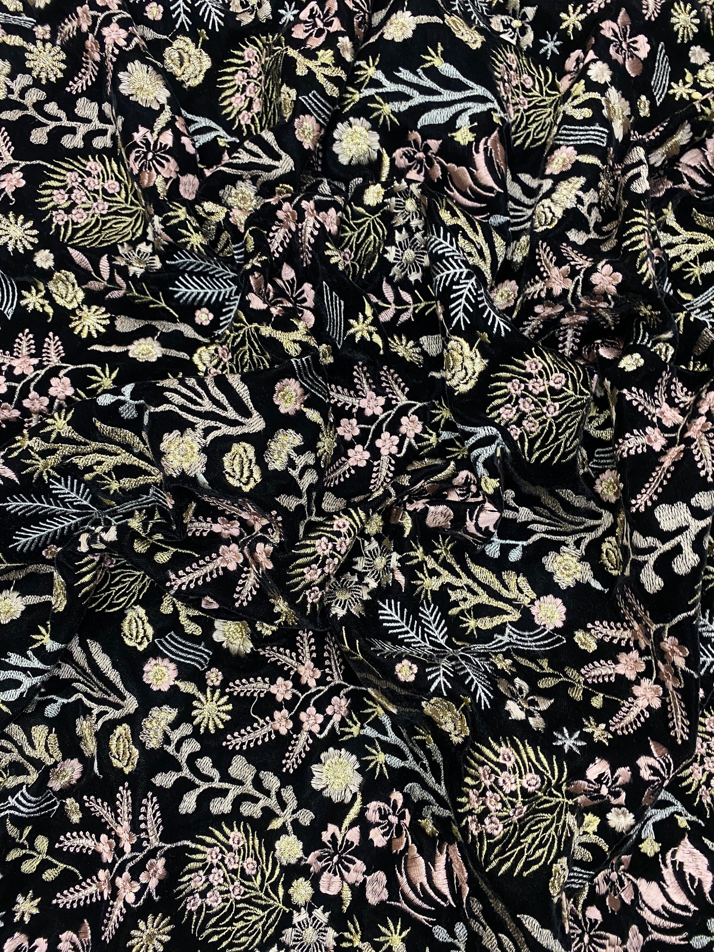 Beautiful Heavy Premium Floral And Leafy Thread Embroidery AND Zari Work On Black Velvet Fabric