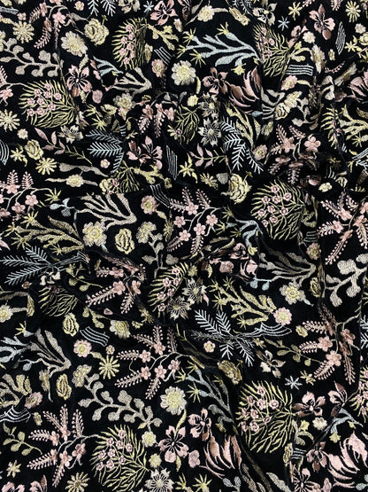 Beautiful Heavy Premium Floral And Leafy Thread Embroidery AND Zari Work On Black Velvet Fabric