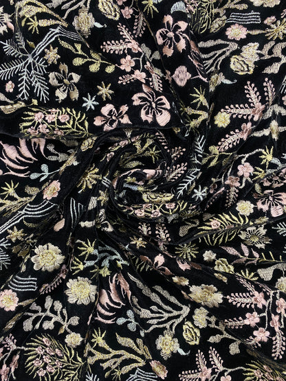 Beautiful Heavy Premium Floral And Leafy Thread Embroidery AND Zari Work On Black Velvet Fabric