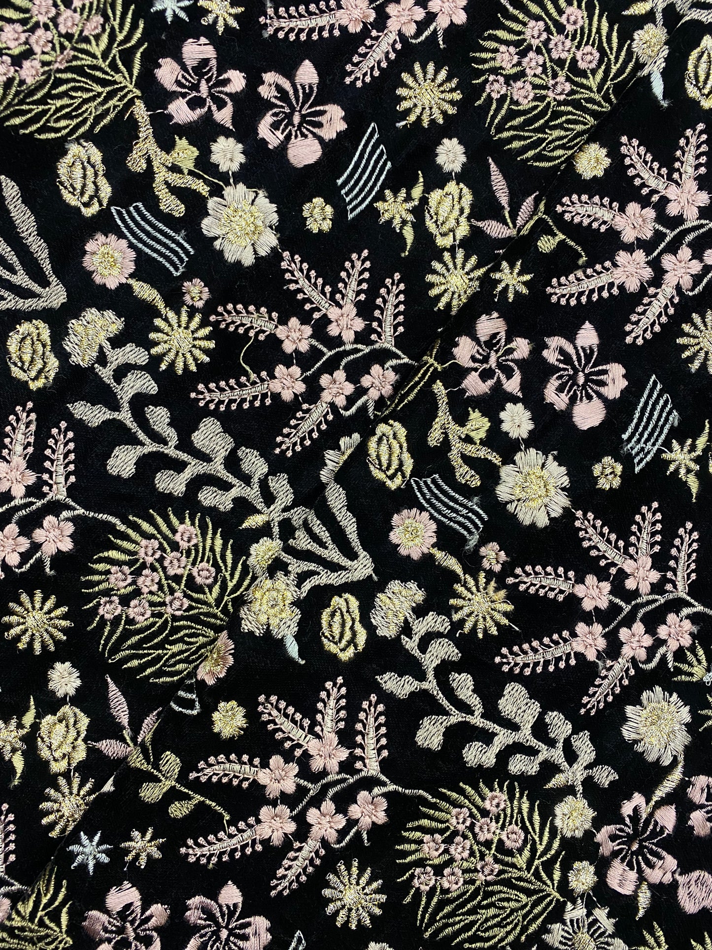 Beautiful Heavy Premium Floral And Leafy Thread Embroidery AND Zari Work On Black Velvet Fabric