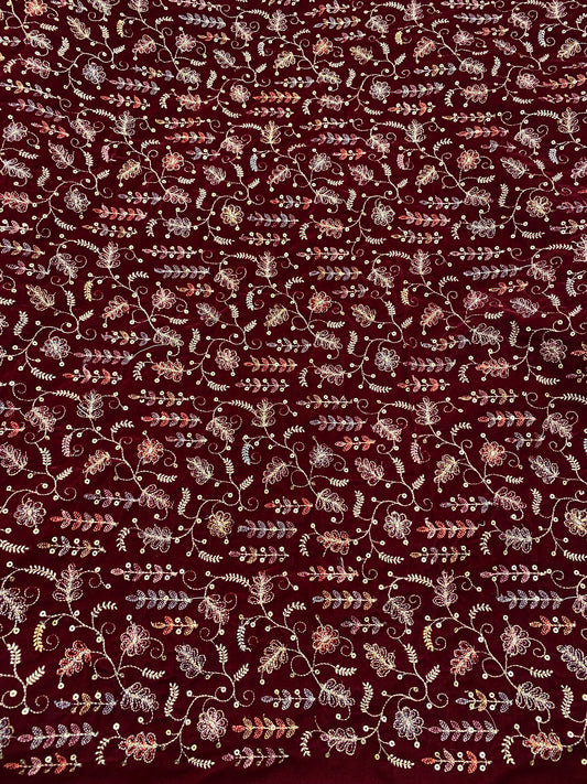 Attractive Multicolor Leaf Thread Embroidery With Golden Sequin Work On Maroon Velvet Fabric