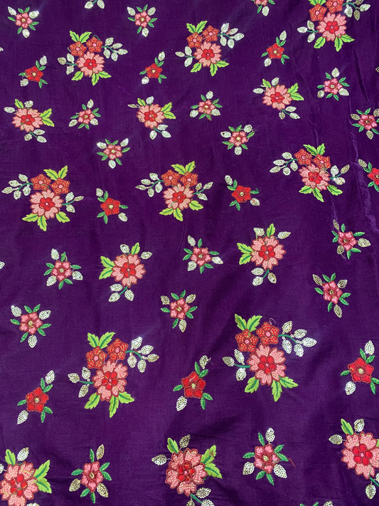 Pretty Gorgeous Multi Color Floral Thread Embroidery With Leafy Golden Sequin Work On Purple Velvet Fabric