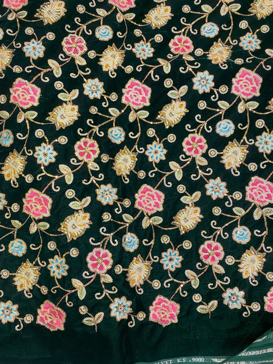Beautiful Dainty Floral Thread Embroidery With Golden Sequin Work On Green Velvet Fabric