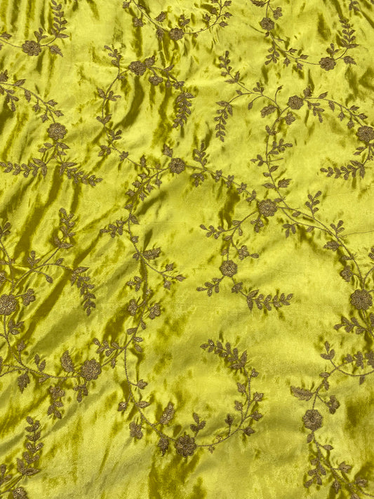 Amazing Pretty Dainty Floral And Leafy Thread Embroidery With Golden Sequin Work And Zari Work On Yellow Velvet Fabric