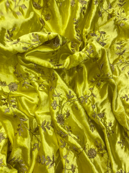 Amazing Pretty Dainty Floral And Leafy Thread Embroidery With Golden Sequin Work And Zari Work On Yellow Velvet Fabric