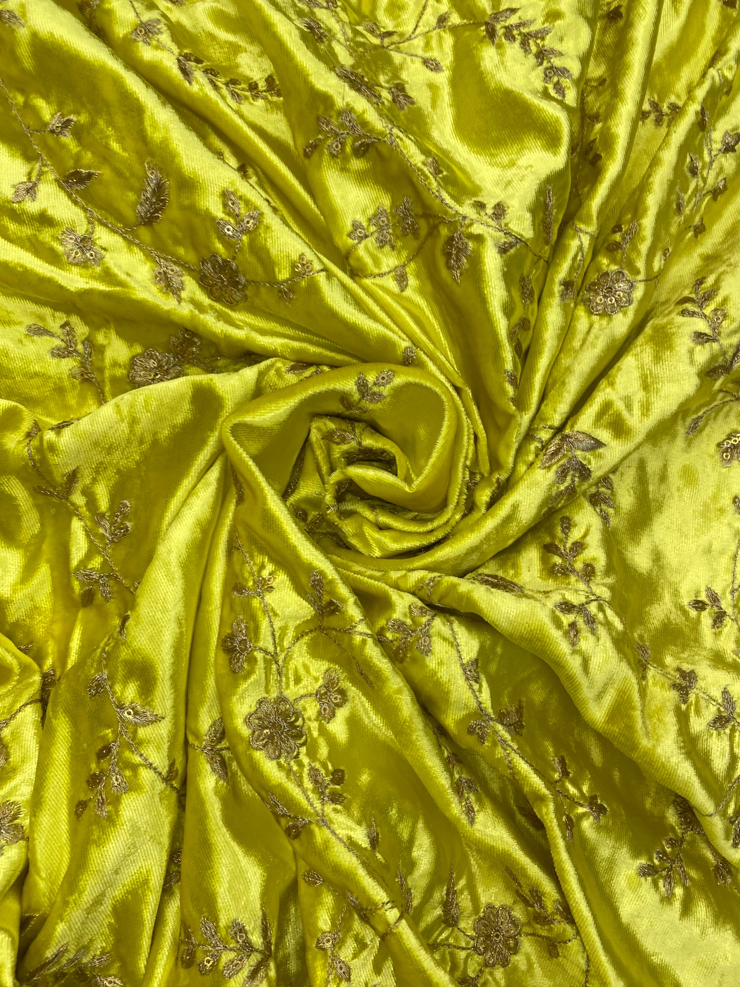 Amazing Pretty Dainty Floral And Leafy Thread Embroidery With Golden Sequin Work And Zari Work On Yellow Velvet Fabric