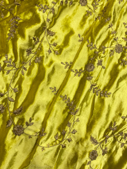 Amazing Pretty Dainty Floral And Leafy Thread Embroidery With Golden Sequin Work And Zari Work On Yellow Velvet Fabric