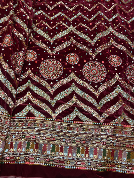Exclusive Luxurious Heavy Traditional Multi Thread Embroidery And Premium Sequin Work All Over Maroon Velvet Fabric