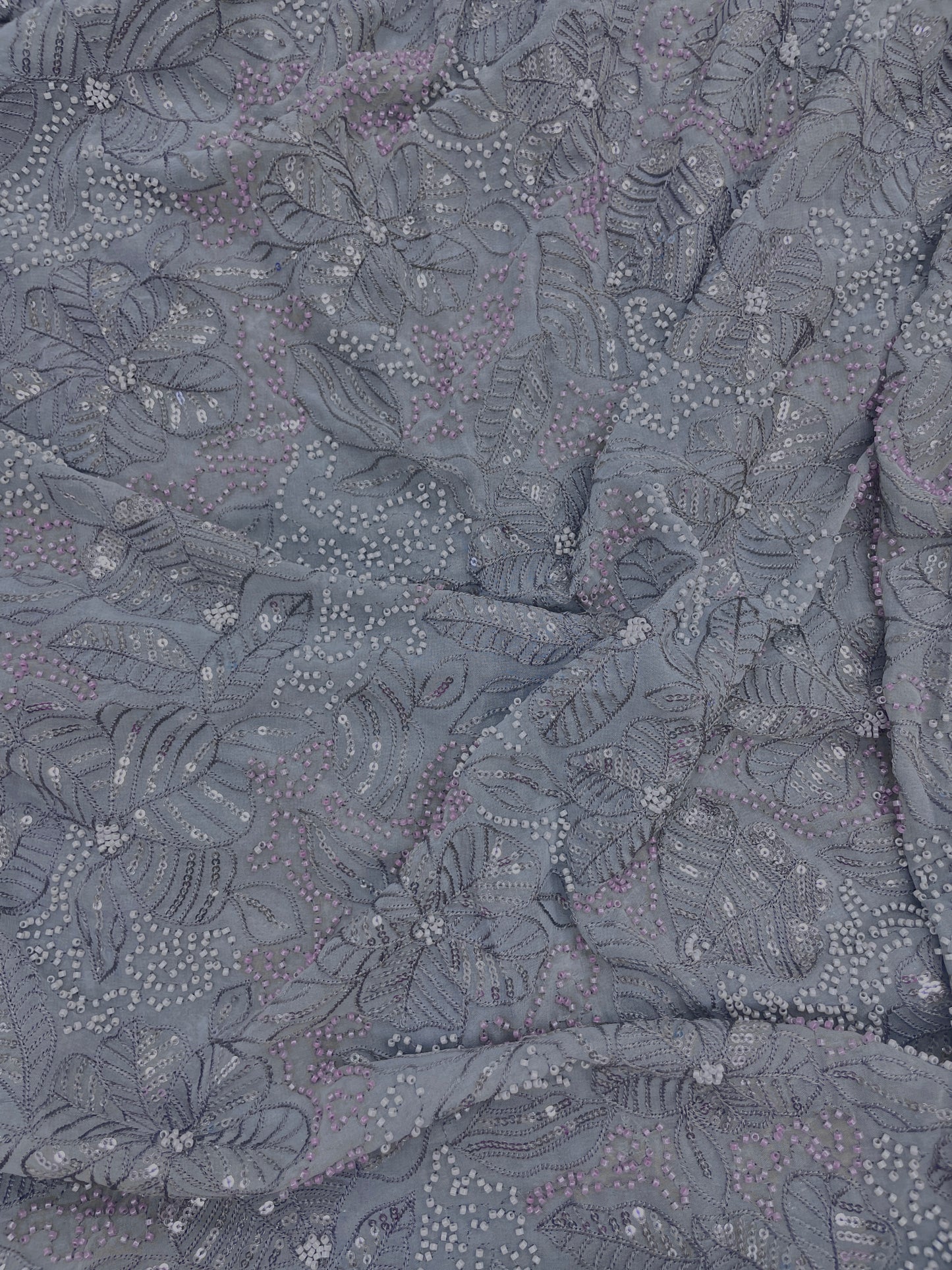 Excellent Stunning Leafy Thread Embroidery With Beads And Sequence Work On Viscose Georgette Fabric