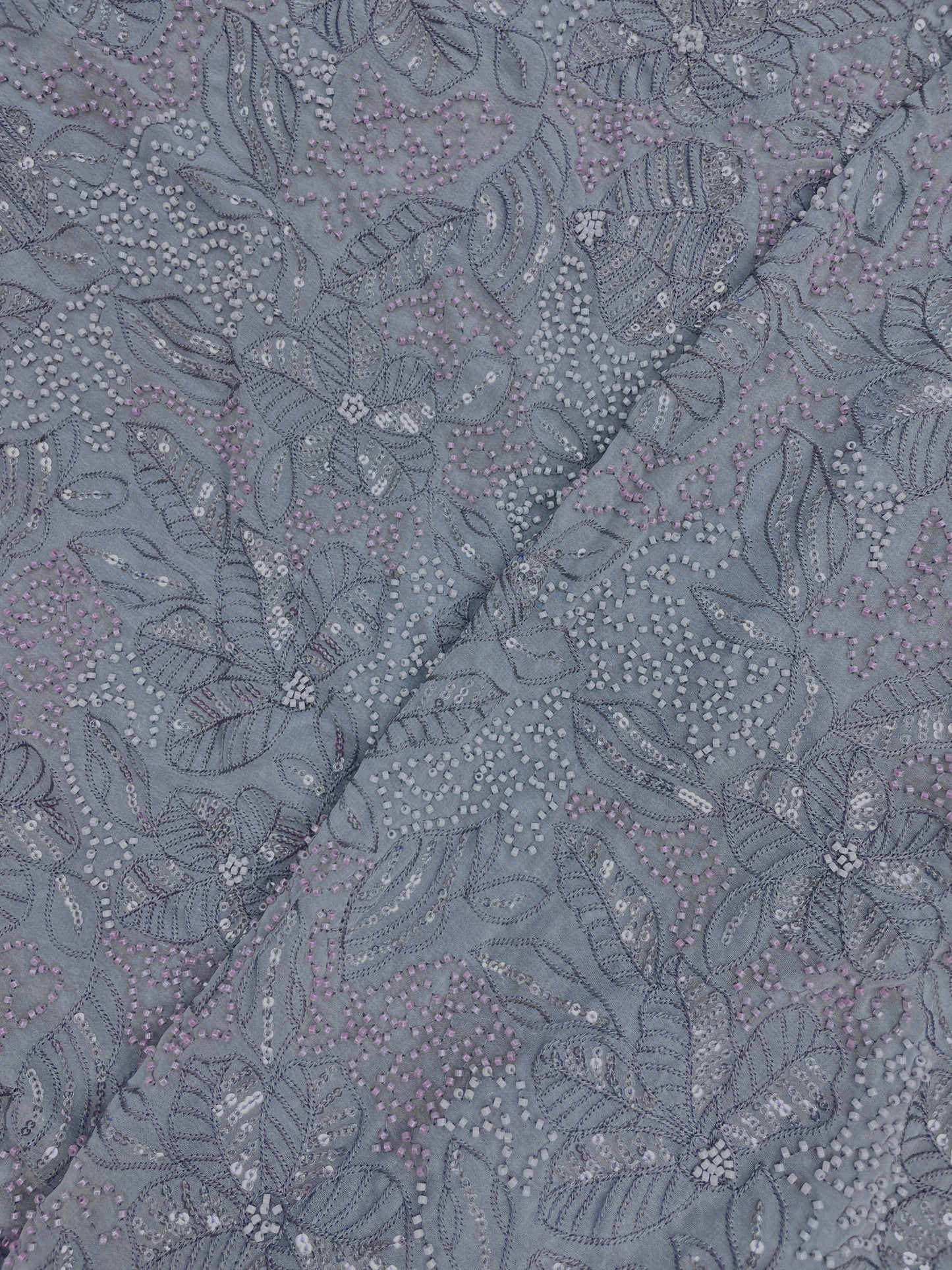 Excellent Stunning Leafy Thread Embroidery With Beads And Sequence Work On Viscose Georgette Fabric