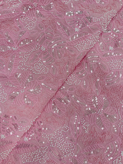 Excellent Stunning Leafy Thread Embroidery With Beads And Sequence Work On Viscose Georgette Fabric