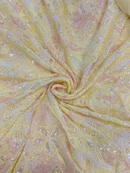 Excellent Stunning Leafy Thread Embroidery With Beads And Sequence Work On Viscose Georgette Fabric