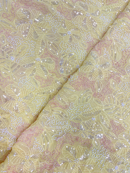 Excellent Stunning Leafy Thread Embroidery With Beads And Sequence Work On Viscose Georgette Fabric