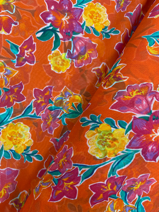 Pretty Gorgeous Vibrant Floral Print On Orange Color Viscose Georgette Fabric