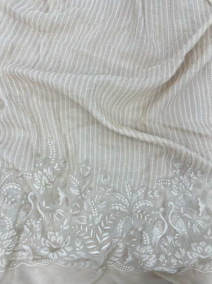 Luxurious Beautiful White Figure And Floral Thread Embroidery With Zari Work On Viscose Organza Fabric