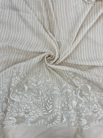 Luxurious Beautiful White Figure And Floral Thread Embroidery With Zari Work On Viscose Organza Fabric