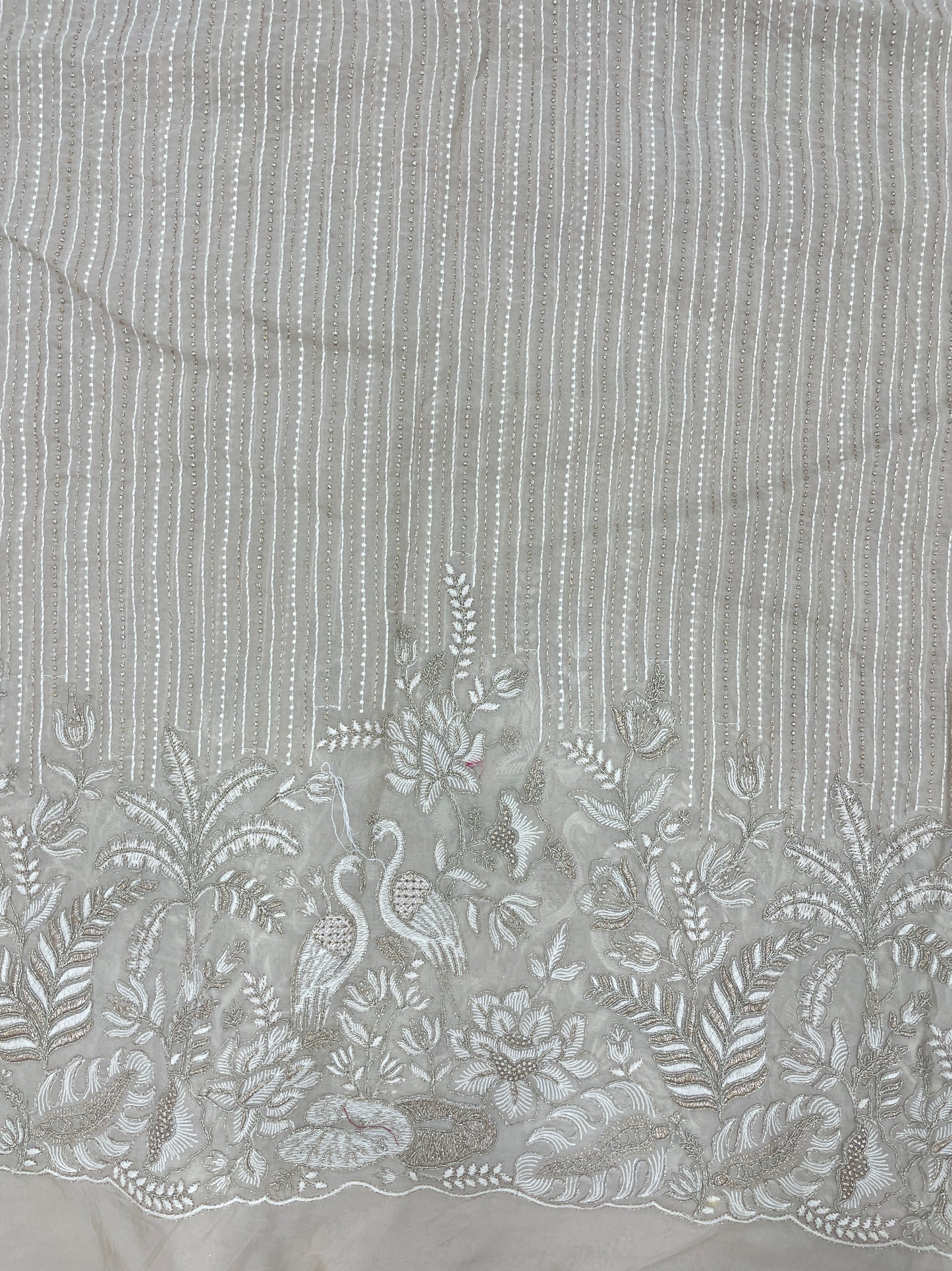 Luxurious Beautiful White Figure And Floral Thread Embroidery With Zari Work On Viscose Organza Fabric