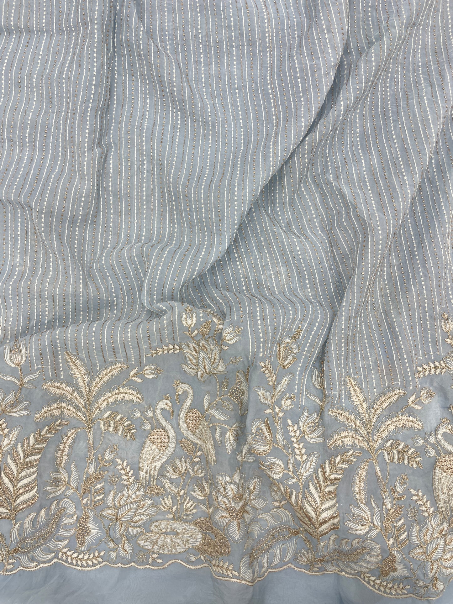 Luxurious Beautiful White Figure And Floral Thread Embroidery With Zari Work On Viscose Organza Fabric