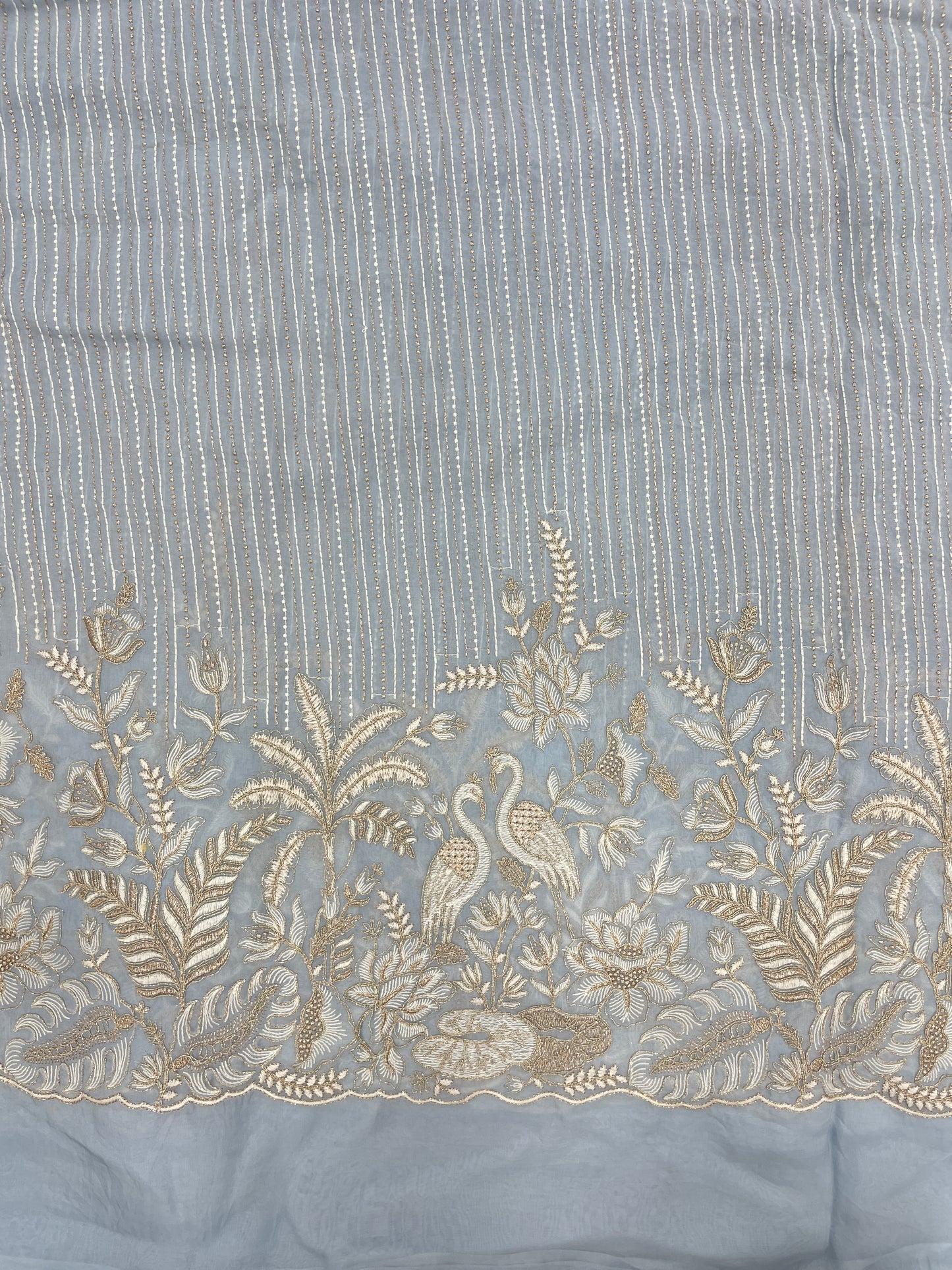 Luxurious Beautiful White Figure And Floral Thread Embroidery With Zari Work On Viscose Organza Fabric