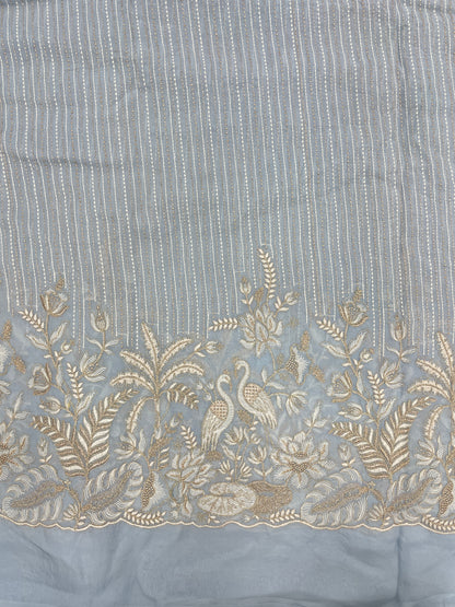 Luxurious Beautiful White Figure And Floral Thread Embroidery With Zari Work On Viscose Organza Fabric