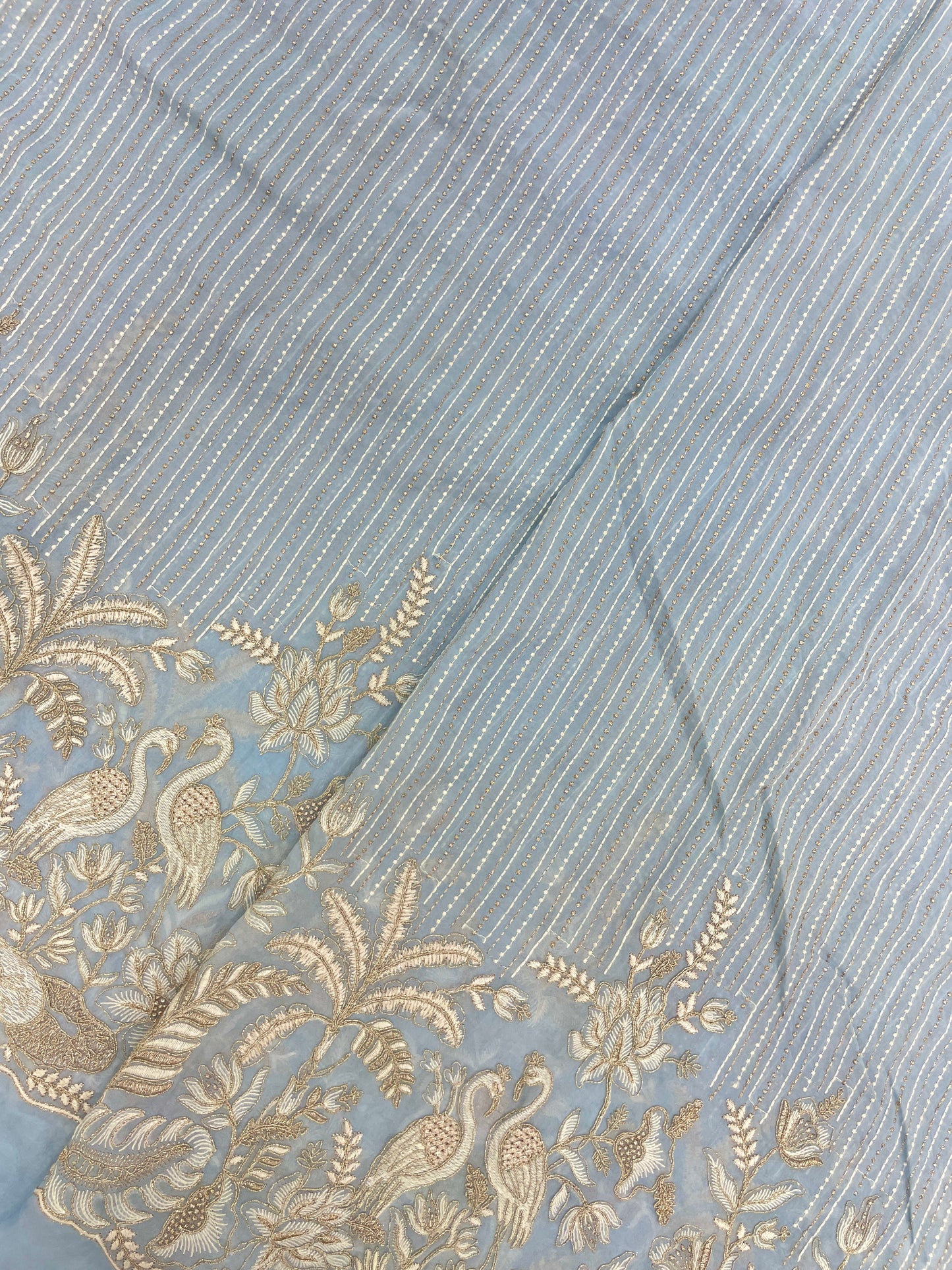 Luxurious Beautiful White Figure And Floral Thread Embroidery With Zari Work On Viscose Organza Fabric