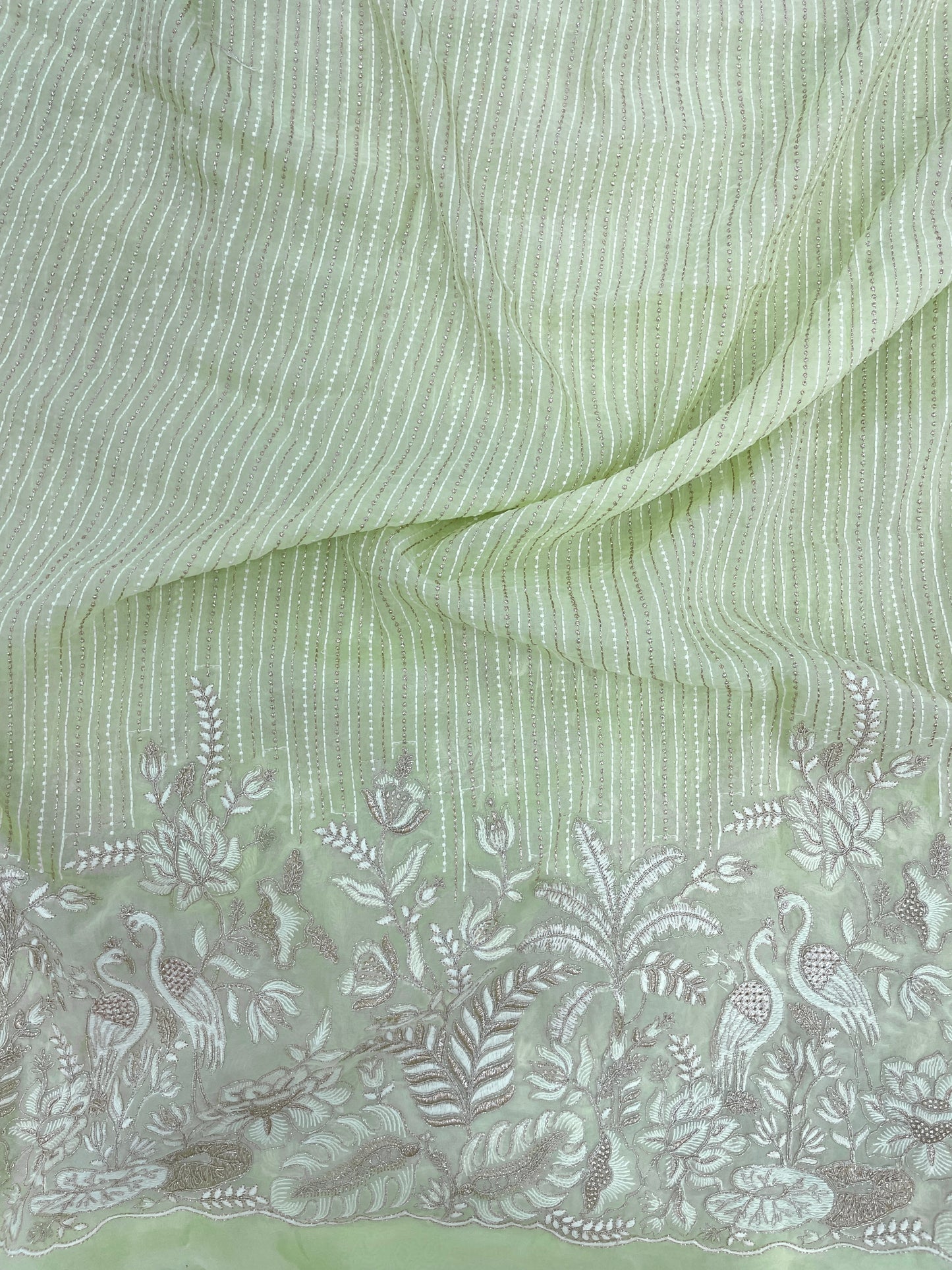 Luxurious Beautiful White Figure And Floral Thread Embroidery With Zari Work On Viscose Organza Fabric