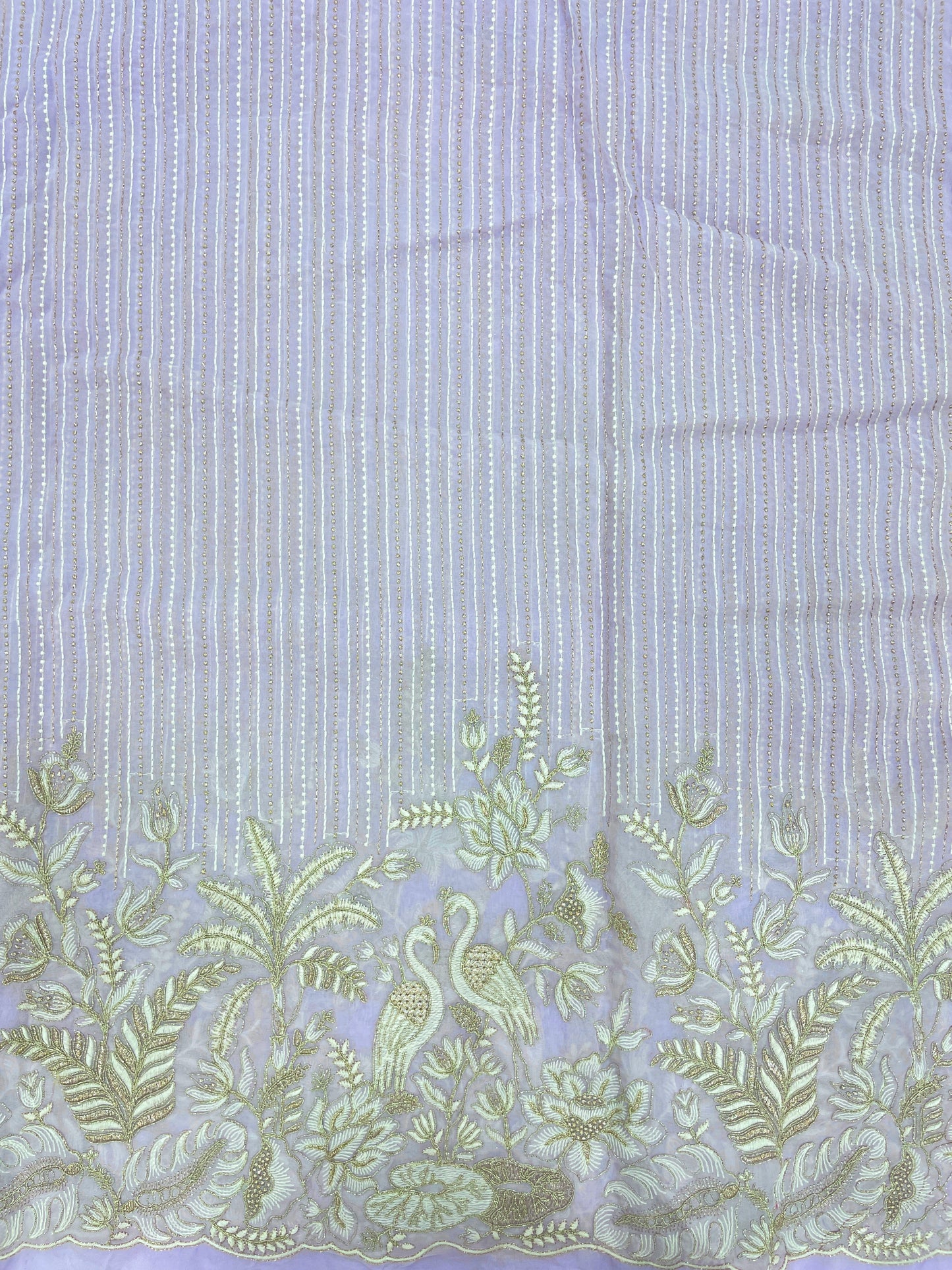 Luxurious Beautiful White Figure And Floral Thread Embroidery With Zari Work On Viscose Organza Fabric