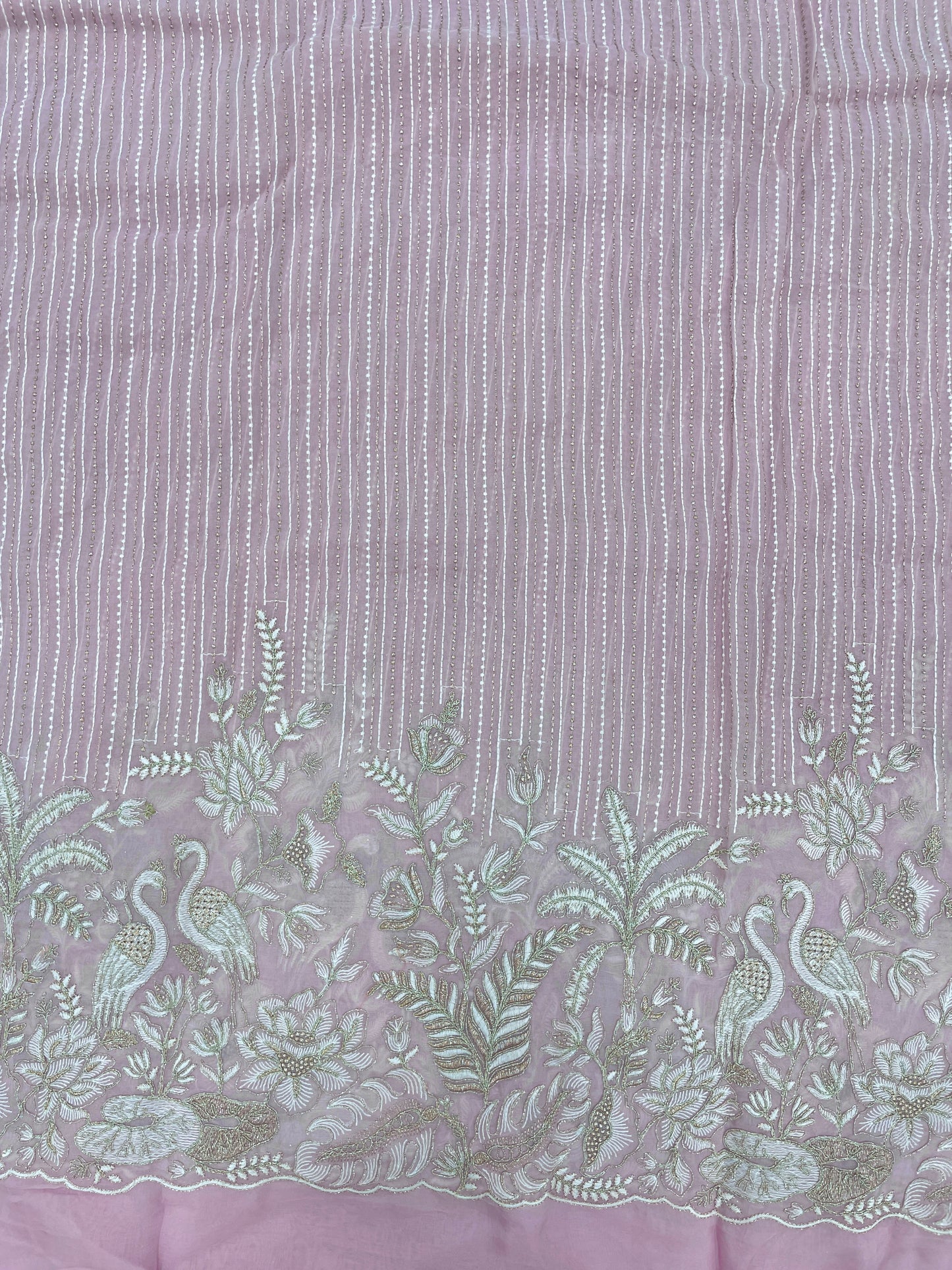 Luxurious Beautiful White Figure And Floral Thread Embroidery With Zari Work On Viscose Organza Fabric