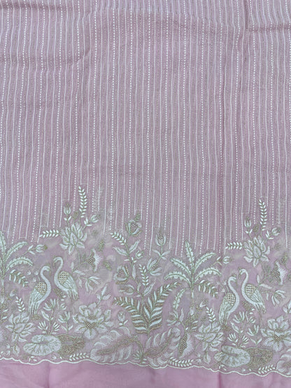 Luxurious Beautiful White Figure And Floral Thread Embroidery With Zari Work On Viscose Organza Fabric