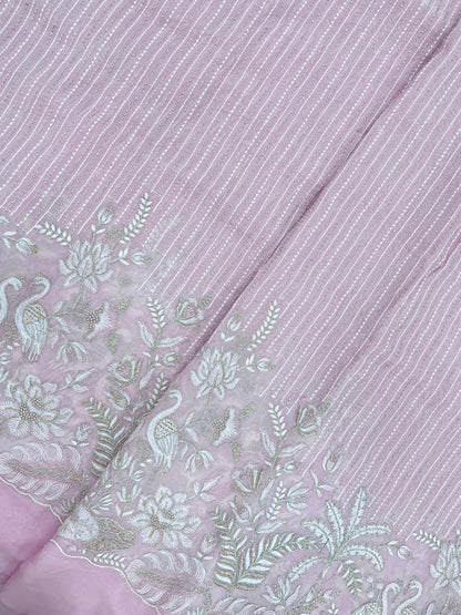 Luxurious Beautiful White Figure And Floral Thread Embroidery With Zari Work On Viscose Organza Fabric