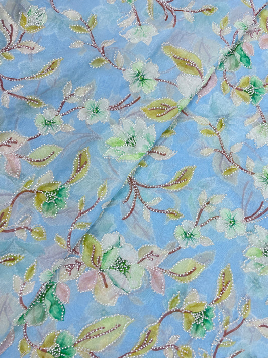 Gorgeous Lovely Floral Position Print With White Beads Work On Viscose Organza Fabric