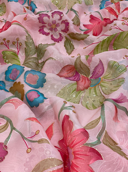 Viscose Organza Position Print With Embroidery (Colours Available) 44"inch