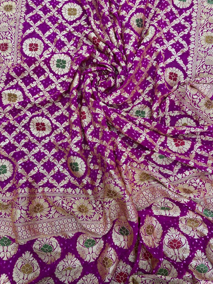 Delicate Stunning Traditional Embroidery With Hand Bandhani Print, Meenakai Work And Premium Golden Zari Work On Purple Pure Khadi Georgette Dupatta