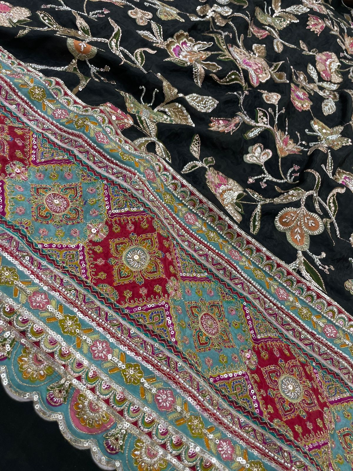 Crepe Position Print With Handwork Pannel Embroidery (Colors Available)