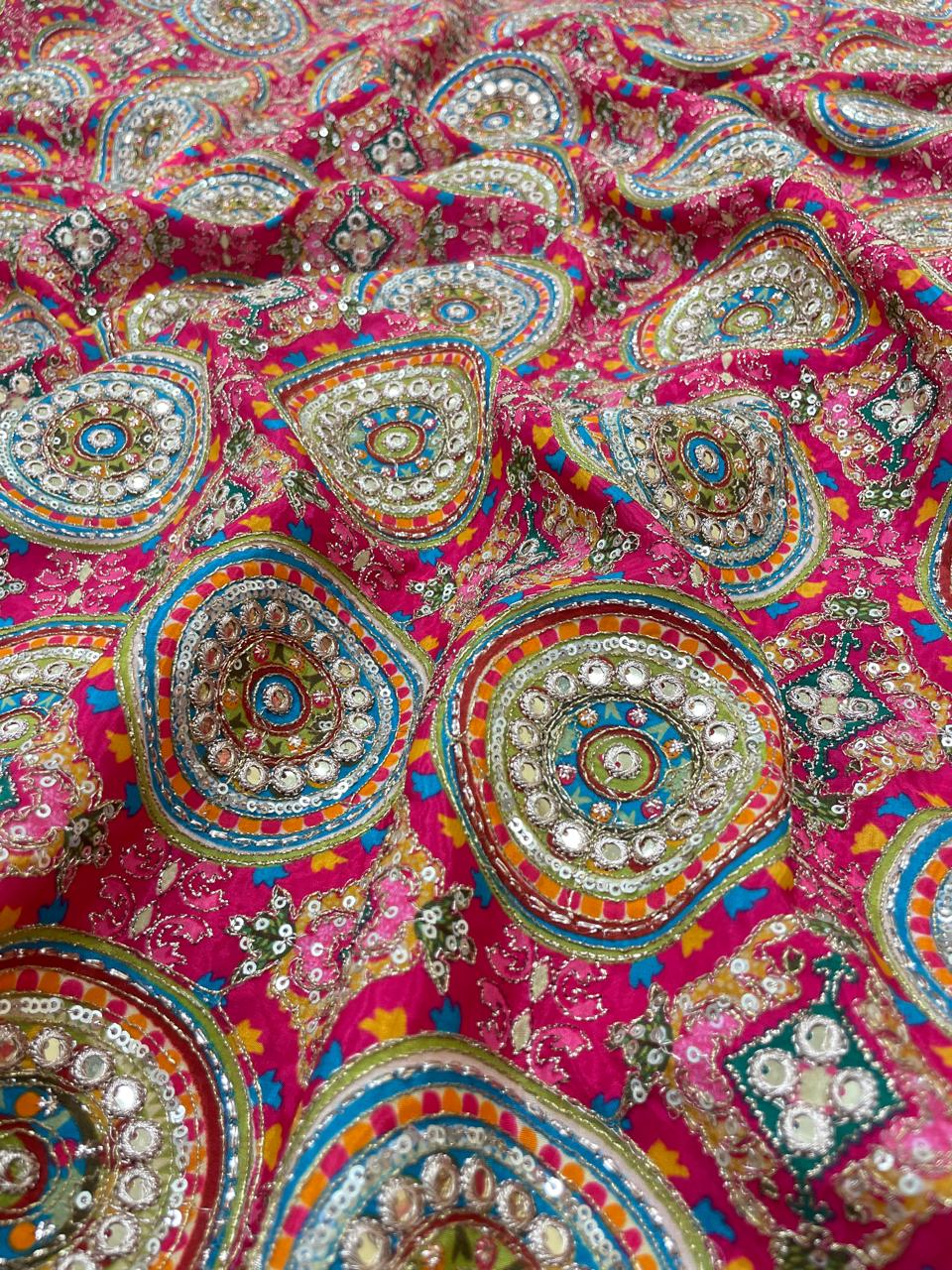 Crepe Position Print With Embroidery 44"Inch (Colours Available)