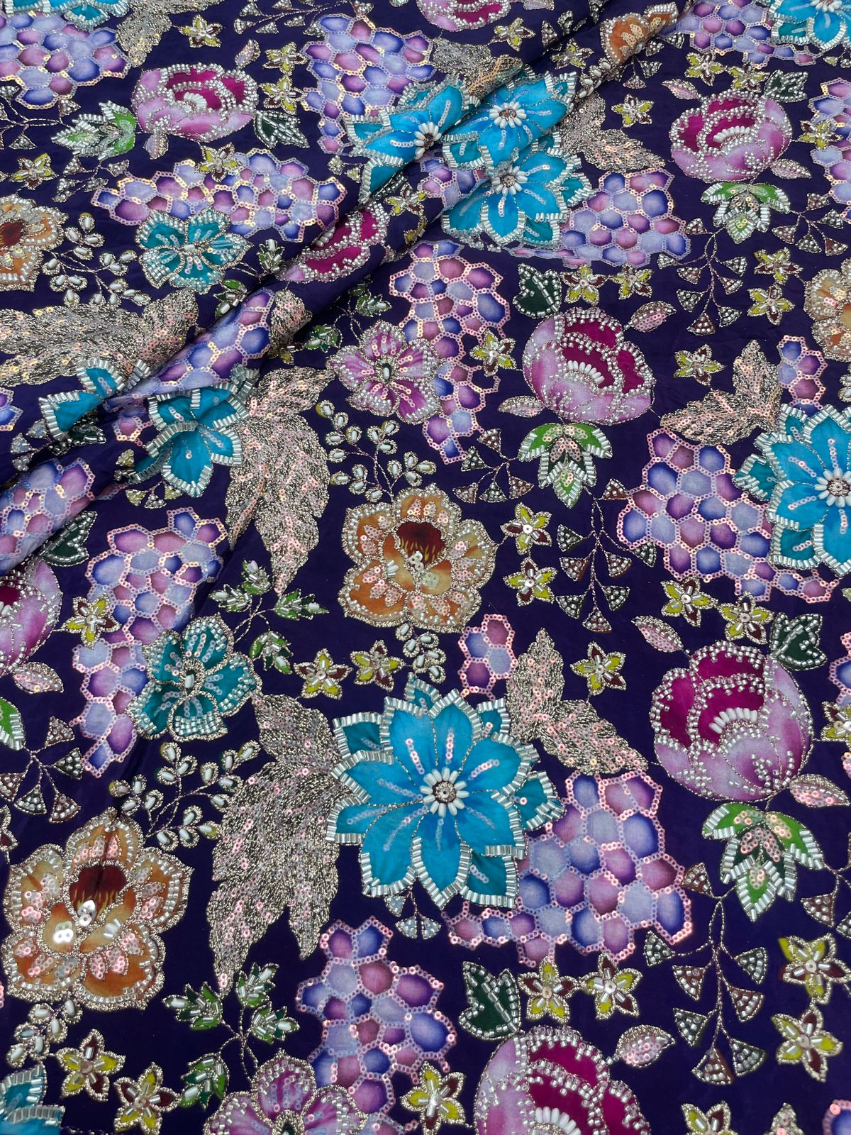 Crepe Position Print Embroidery With Beads (Color Available) 44"Inch