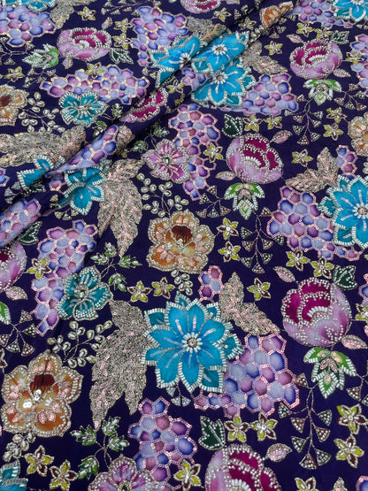 Crepe Position Print Embroidery With Beads (Color Available) 44"Inch