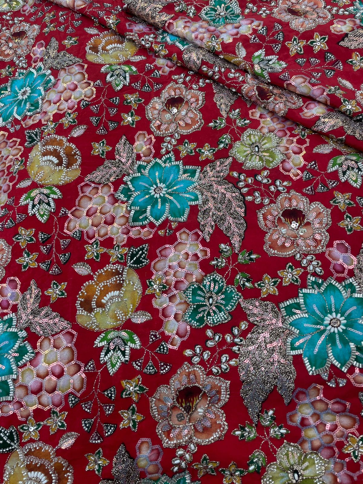 Crepe Position Print Embroidery With Beads (Color Available) 44"Inch