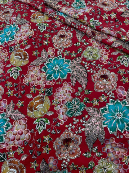 Crepe Position Print Embroidery With Beads (Color Available) 44"Inch