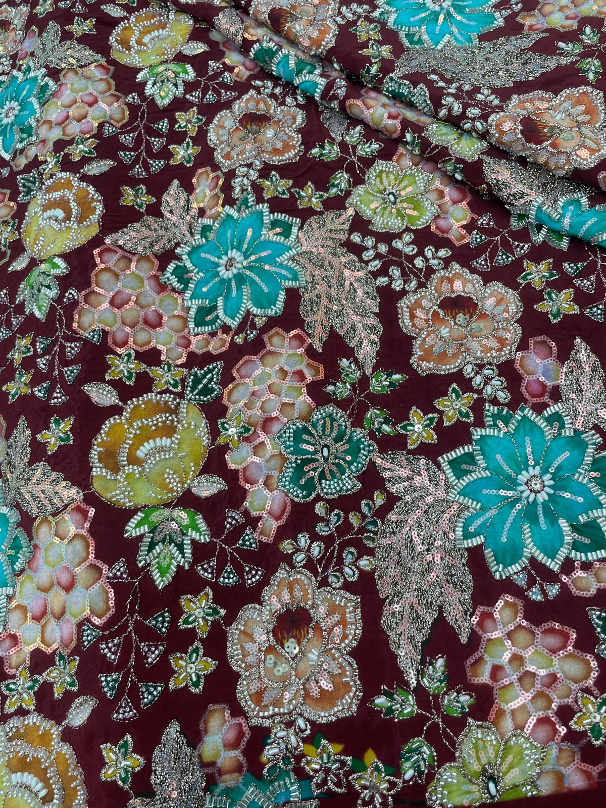 Crepe Position Print Embroidery With Beads (Color Available) 44"Inch