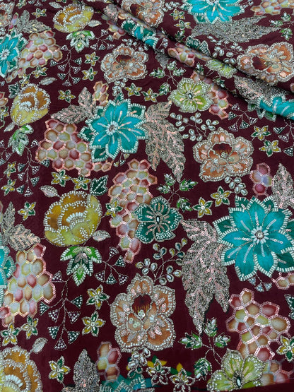 Crepe Position Print Embroidery With Beads (Color Available) 44"Inch