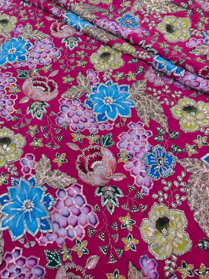 Crepe Position Print Embroidery With Beads (Color Available) 44"Inch