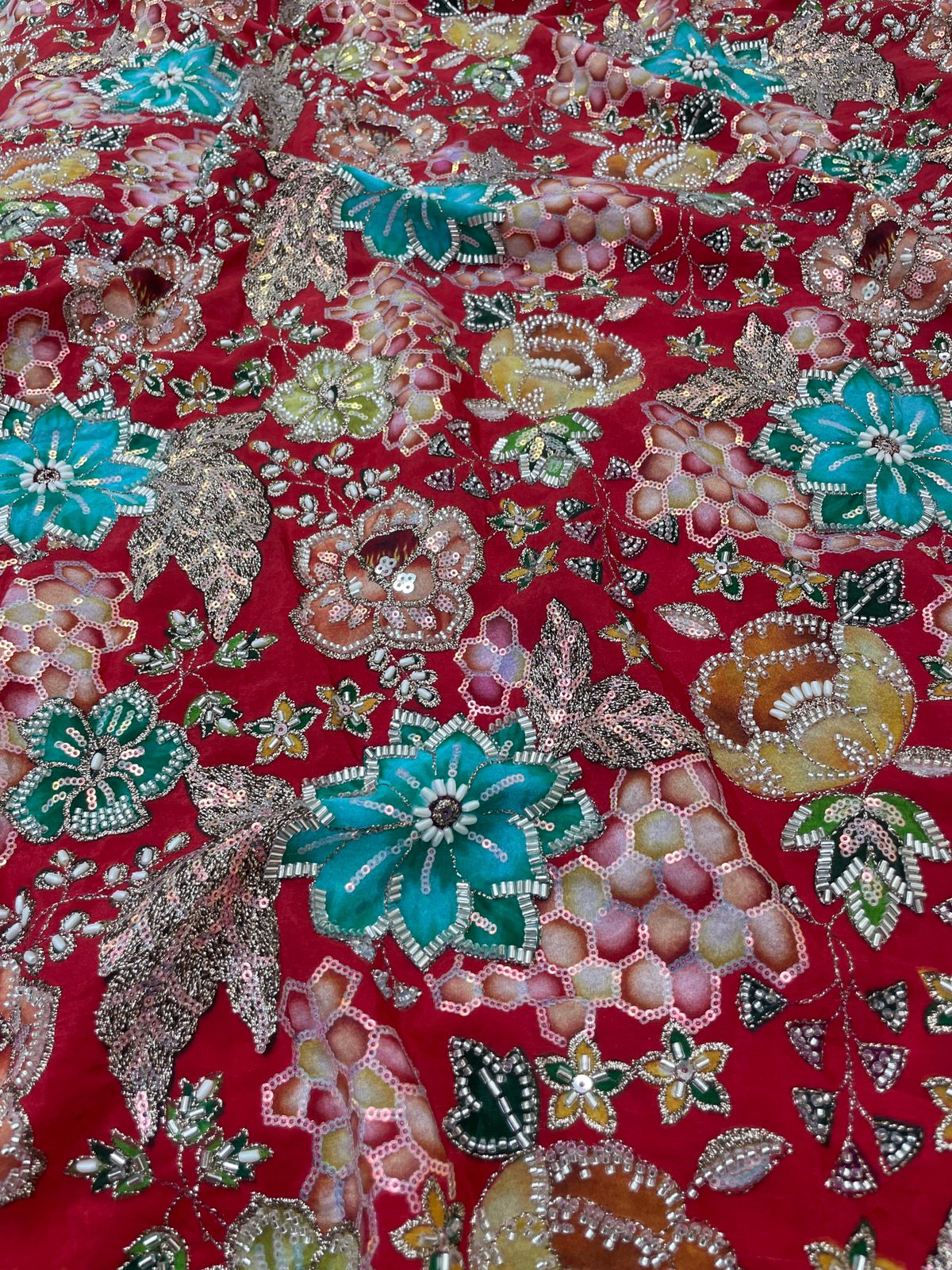 Crepe Position Print Embroidery With Beads (Color Available) 44"Inch