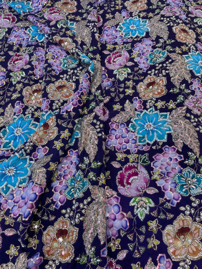 Crepe Position Print Embroidery With Beads (Color Available) 44"Inch