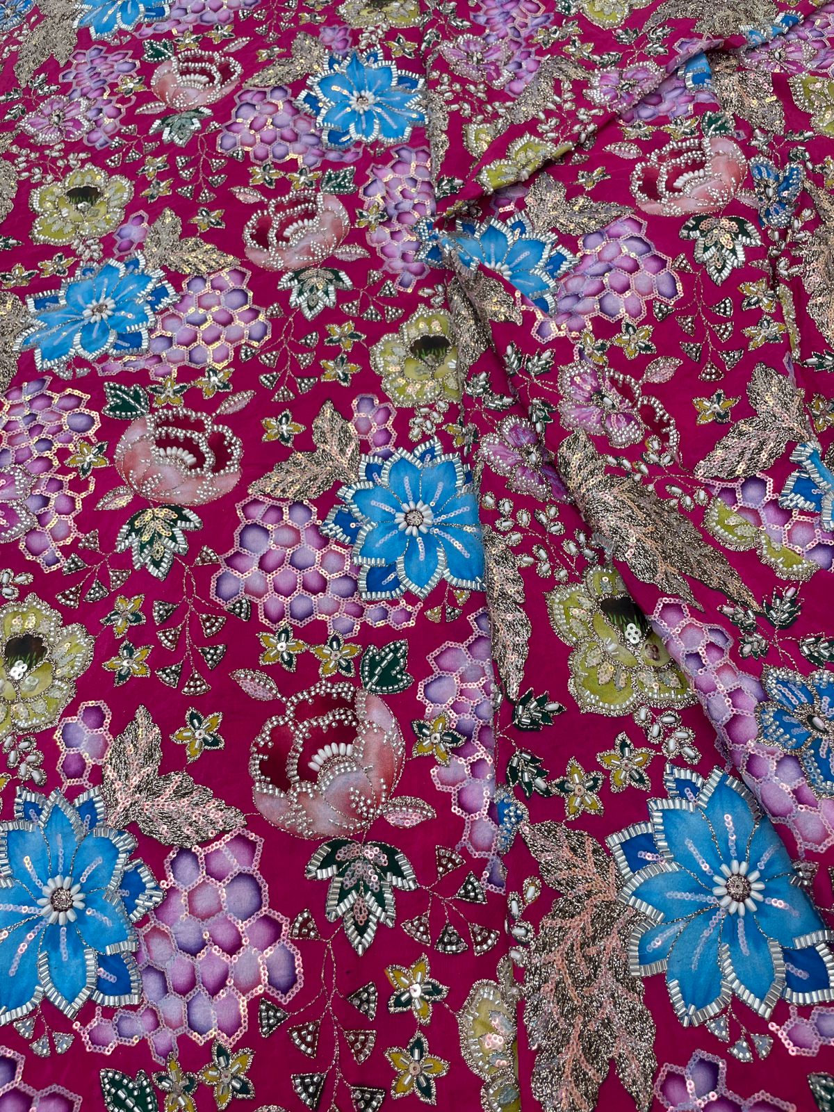 Crepe Position Print Embroidery With Beads (Color Available) 44"Inch