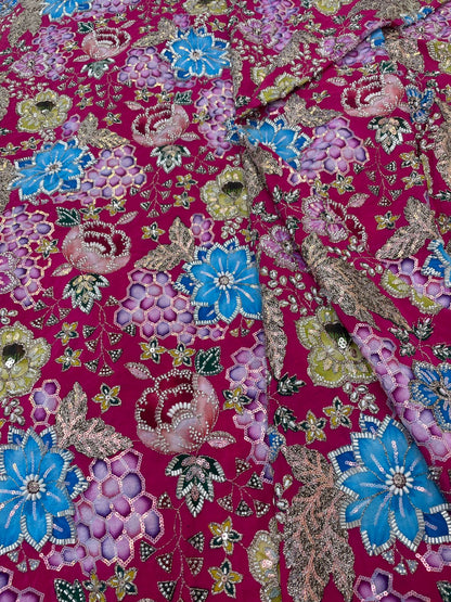 Crepe Position Print Embroidery With Beads (Color Available) 44"Inch